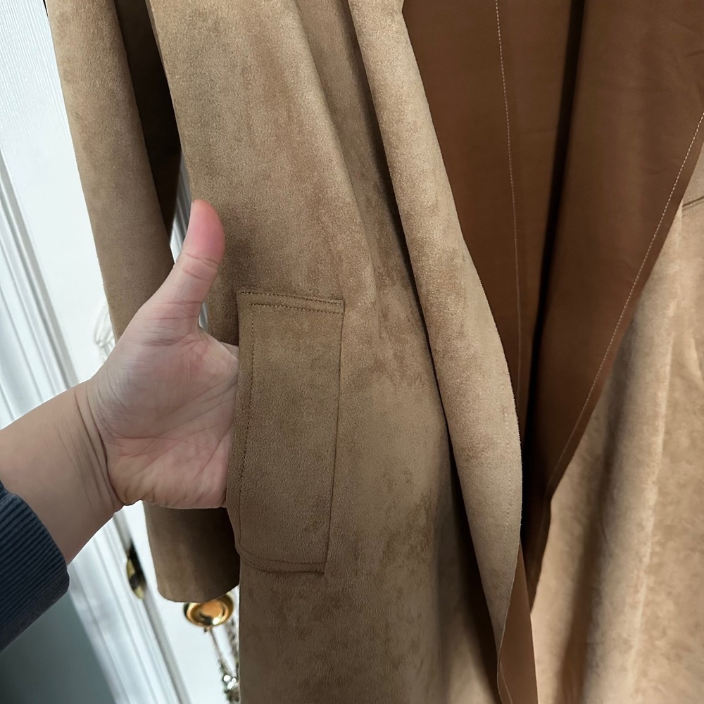 Women's Camel Faux Suede Belted Trench Coat Waterfall Collar - Picture 5 of 8